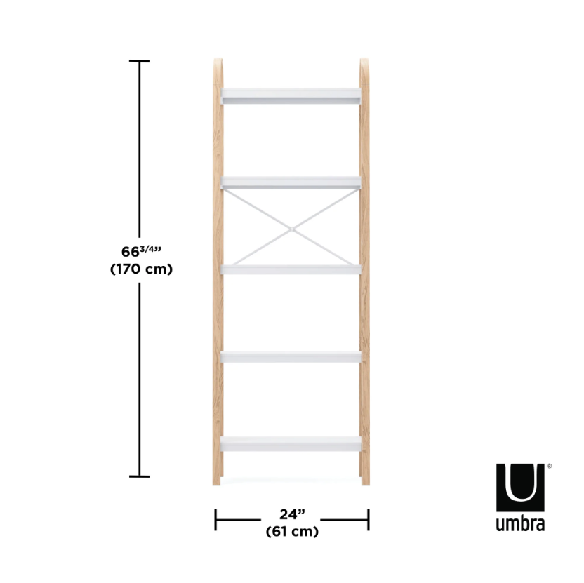 An Umbra Bellwood Five Tier Shelf with measurements in a white range.