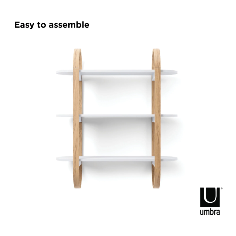 Umbra Bellwood three tier wall shelf in natural and white, shown ready to assemble