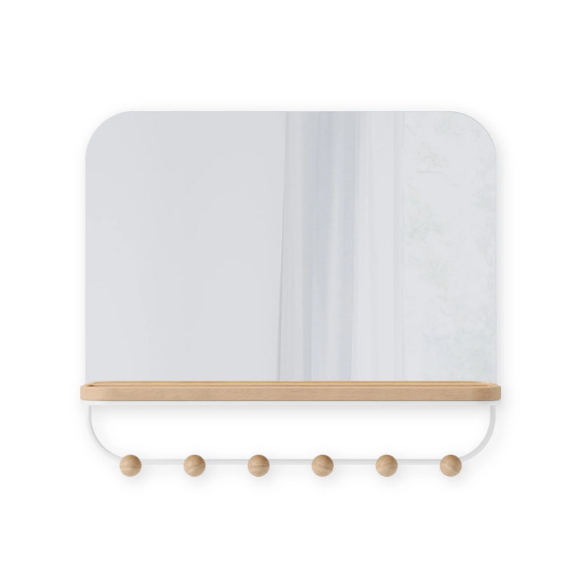 Umbra Estique wall mirror with wooden hooks and integrated tray in entryway