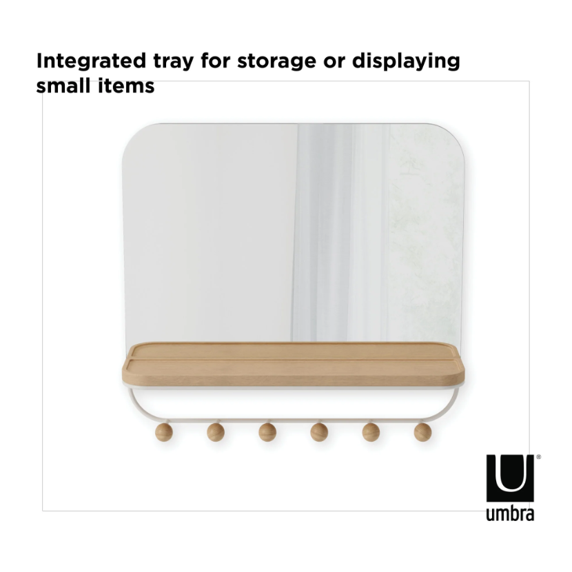 Umbra Estique mirror with its integrated timber tray shelf and six wooden pegs
