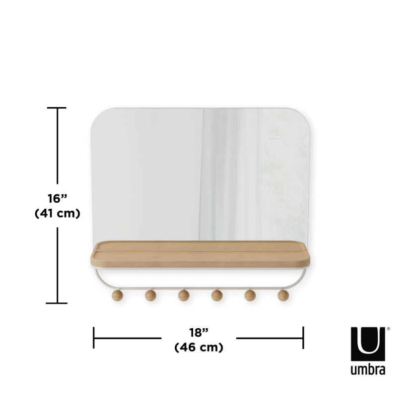 Umbra Estique mirror with hooks and tray holding a bag and scarf