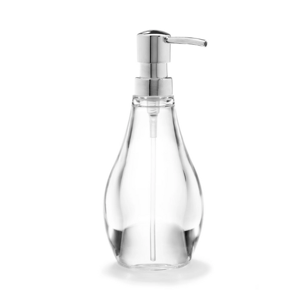 A stylish Umbra DROPLET SOAP PUMP, CLEAR with a droplet shape on a white background.