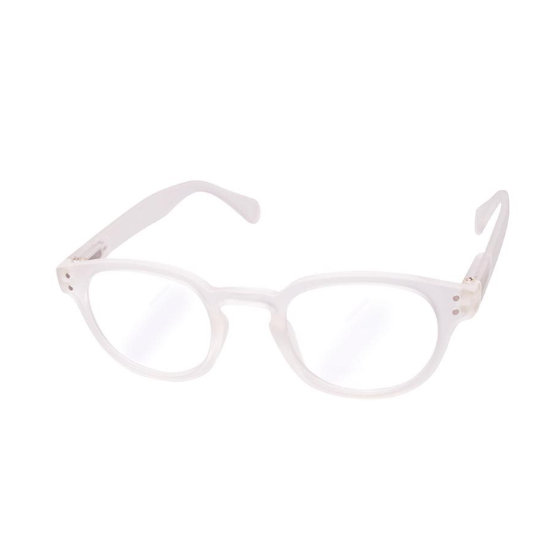 Frosted frame blue light glasses, angled front view, on white