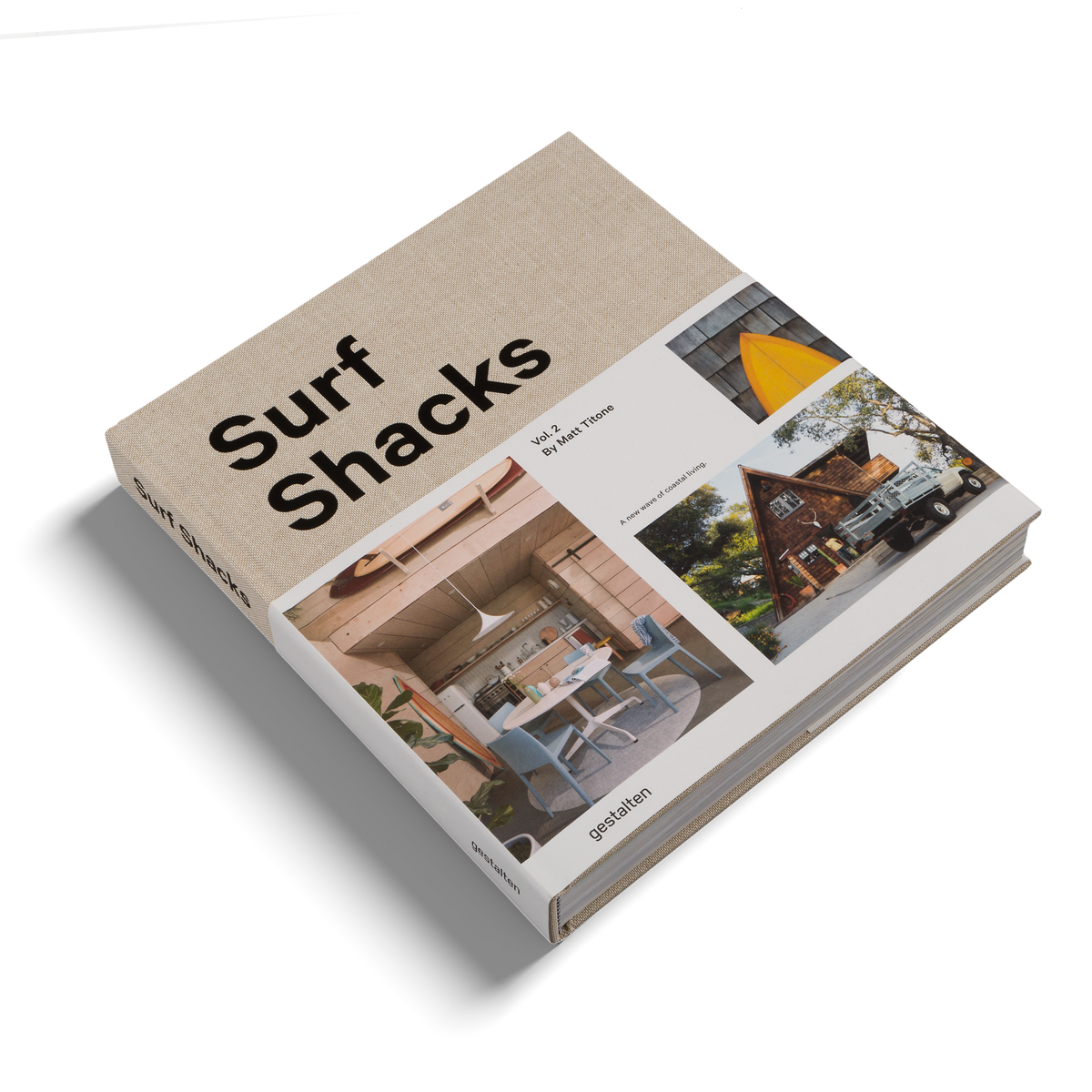 Angled view of the Surf Shacks Volume 2 cover with its linen spine