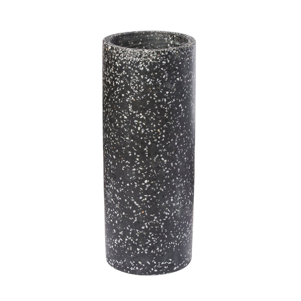 A black Zakkia Terrazzo Vase with speckles on it.
