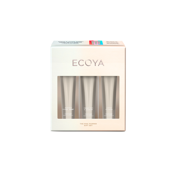 Ecoya Mini Pamper Gift Set in a white box, perfect for gifting home fragrances.