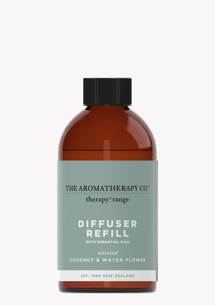 Therapy Coconut & Water Flower Diffuser Refill in an amber bottle with a sage label