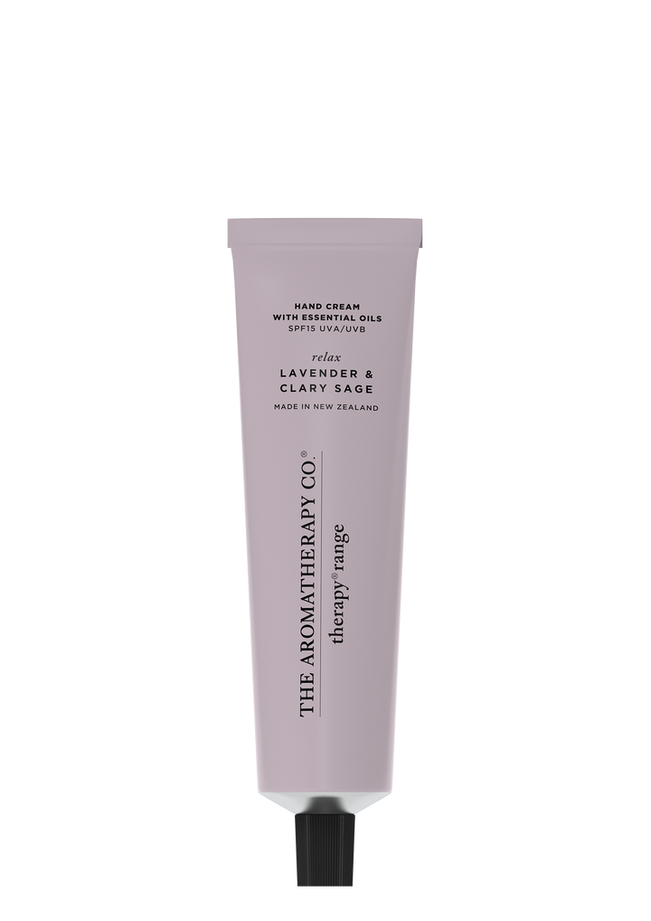 A tube of Therapy | Relax Hand Cream - Lavender & Clary Sage by The Aromatherapy Co providing moisture.