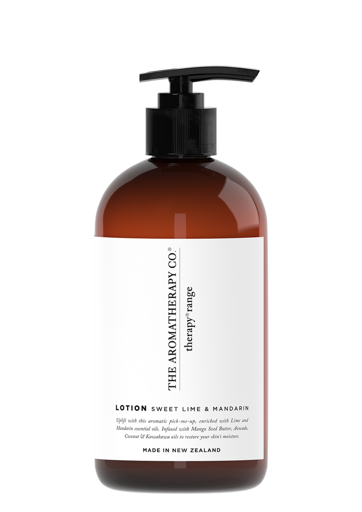 Therapy Uplift Sweet Lime & Mandarin hand and body lotion in an amber pump bottle with a white label