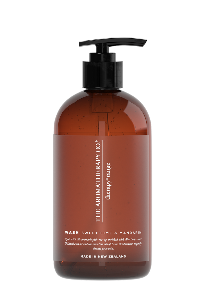 Therapy Uplift Sweet Lime & Mandarin hand and body wash in an amber pump bottle with an amber label, on white