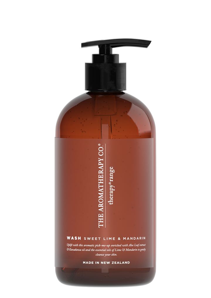 Therapy Uplift Sweet Lime & Mandarin hand and body wash in an amber pump bottle with an amber label, on white