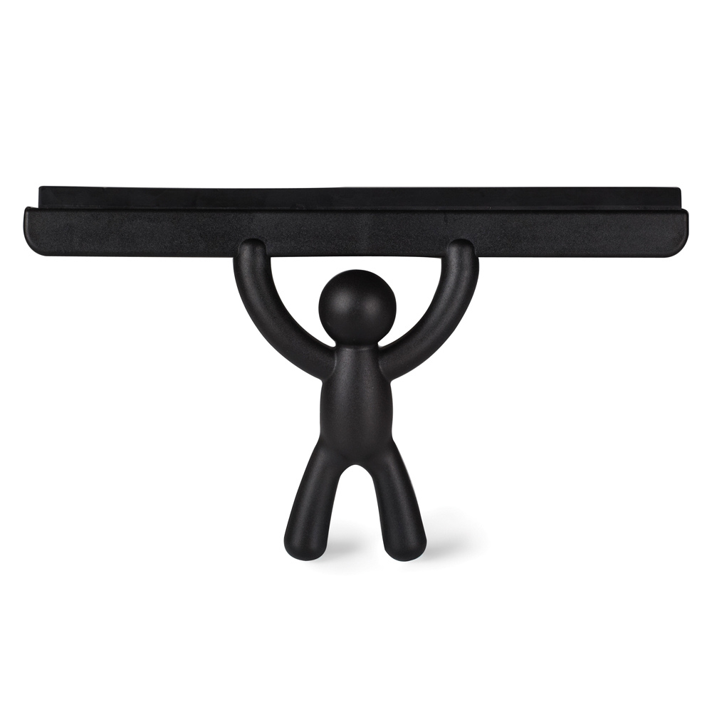 Umbra Buddy Squeegee in black, a silicone shower cleaner with character handle, wiping water from a glass shower door