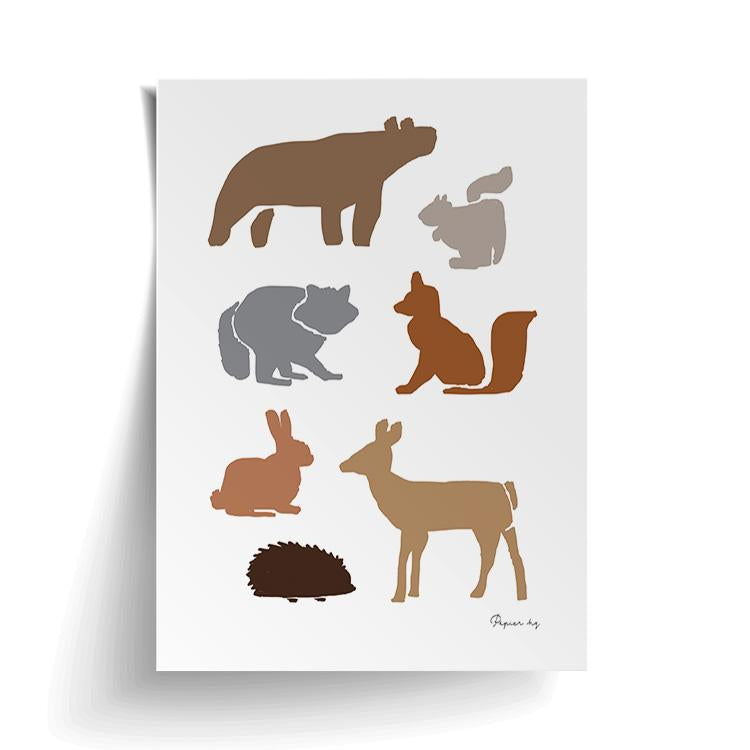 Animal Woodland print unframed, brown and grey woodland animal shapes on white