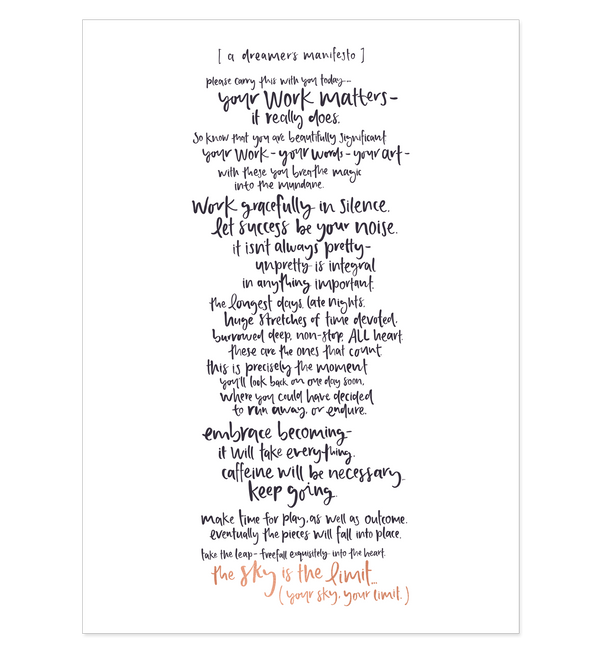 An Emma Kate Co black and white art print featuring A DREAMER'S MANIFESTO // ROSE FOILED A3 ART PRINT poem.