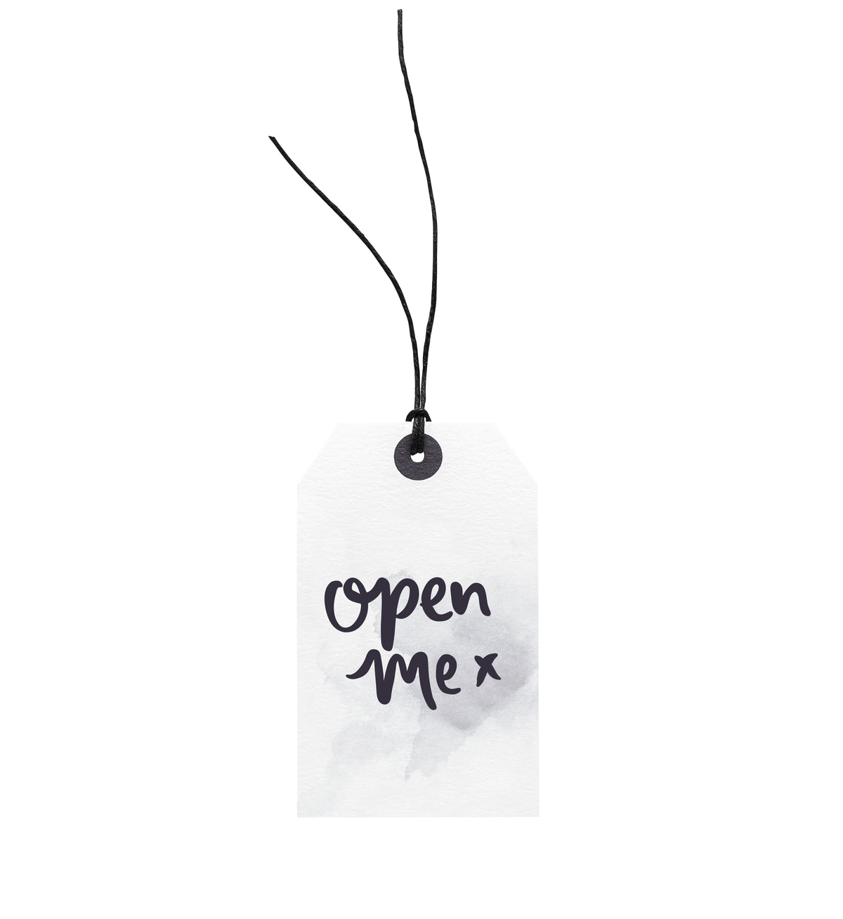 Open Me gift tag in a pale watercolour wash, hanging from fine black twine with a dark eyelet