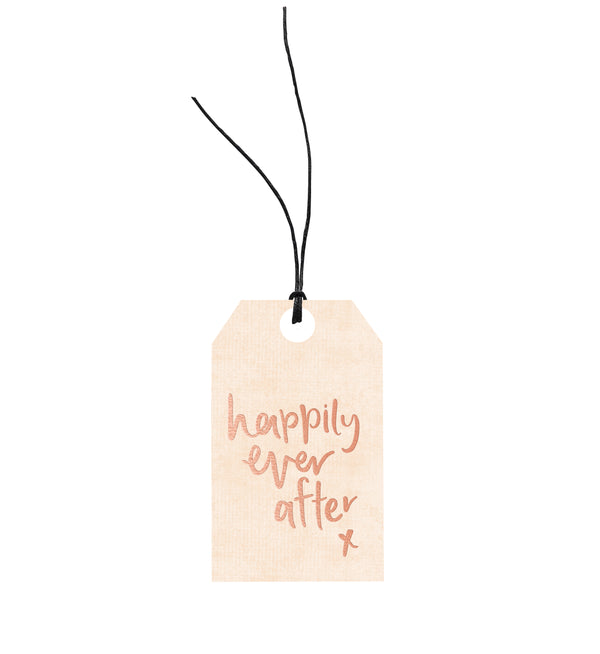 An environmentally responsible Emma Kate Co gift tag with the words Happily Ever After on it, made with European hemp twine.