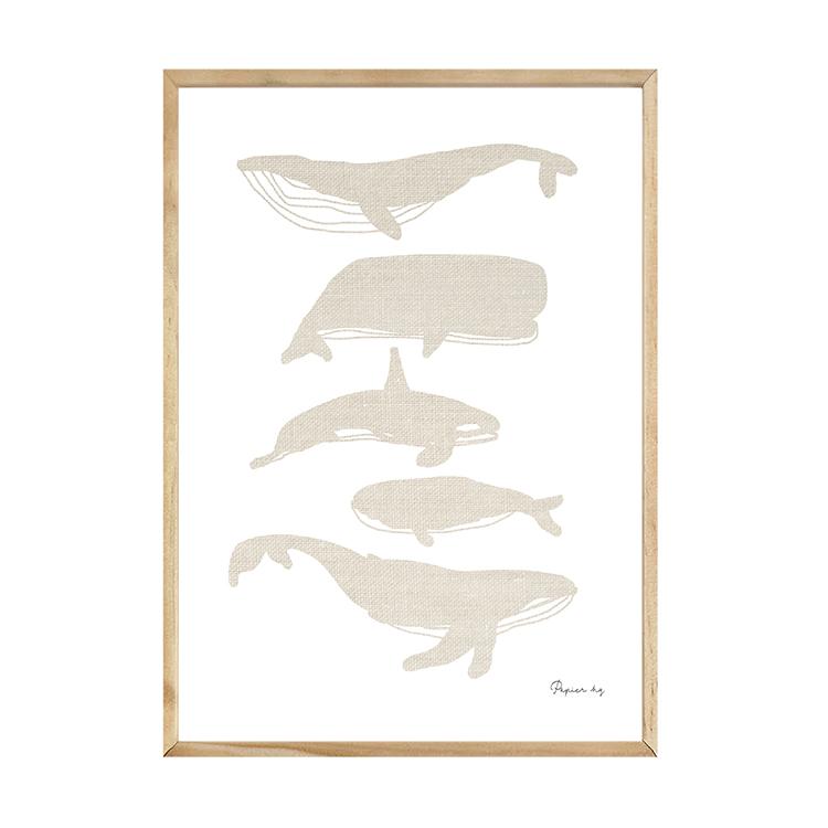 Whales print in a natural timber frame