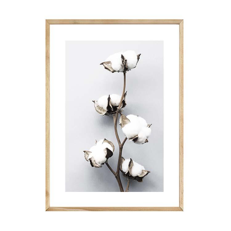 Cotton Flower print in a natural timber frame, A1 mockup