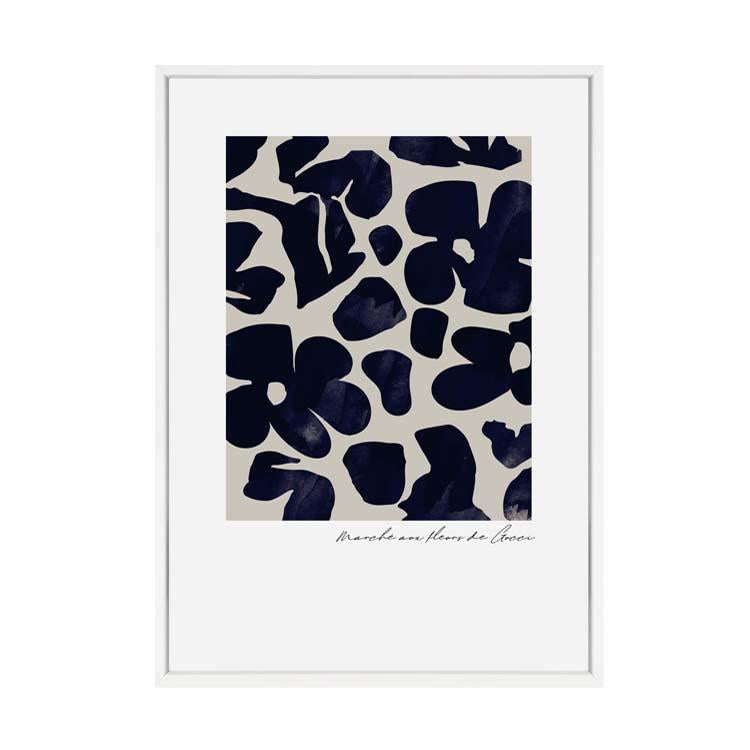Navy and cream floral print in a slim white frame
