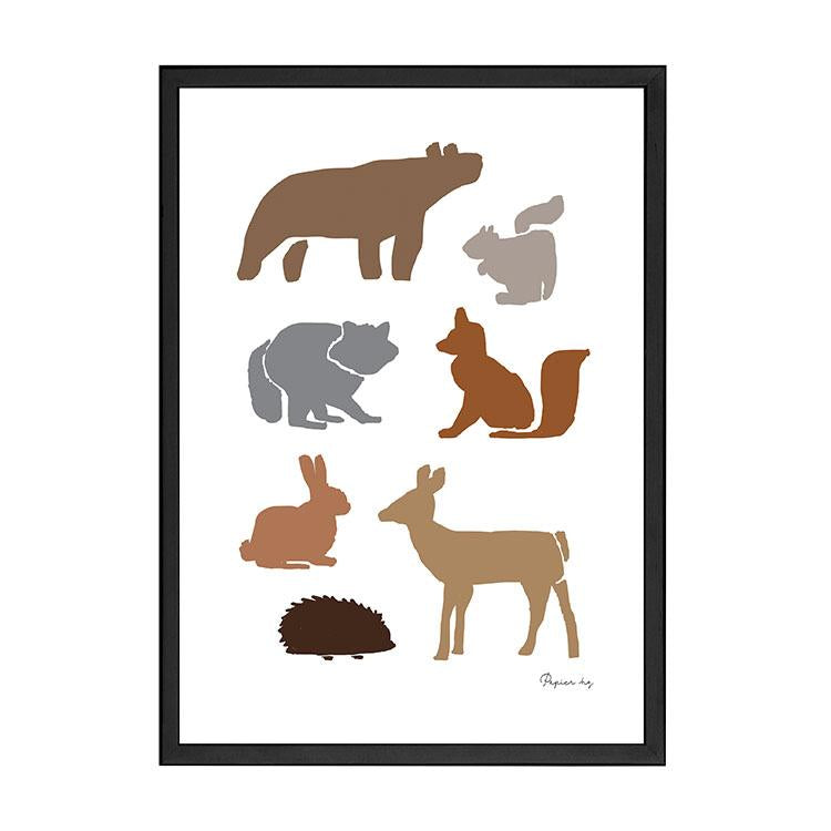 Animal Woodland print in a black frame, A2 mockup