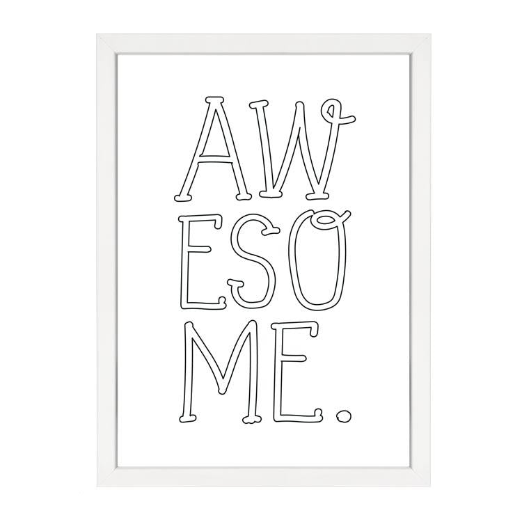 Awesome print, outlined hand lettering spelling awesome, in a white frame on white