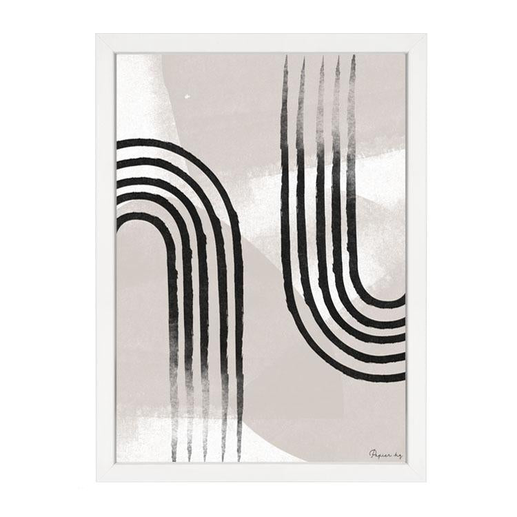 Curve Line No. 3 print, black arched and straight stripes on soft grey, in a white frame on white