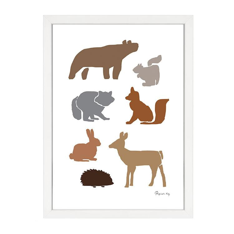 Charming animal woodland nursery wall art print by Papier HQ framed in white