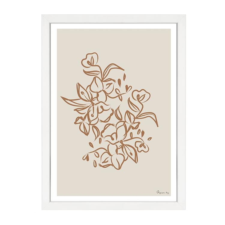 Painted Flower print, terracotta line drawn flowers on sand, in a white frame