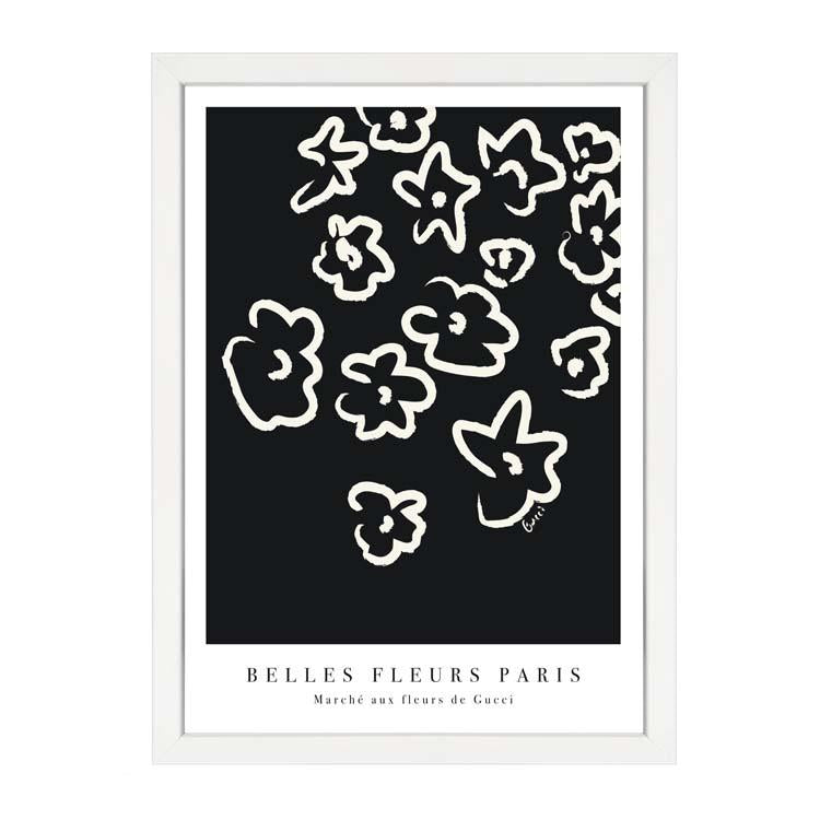Fleurs Black print, white line drawn flowers on black, in a white frame on white