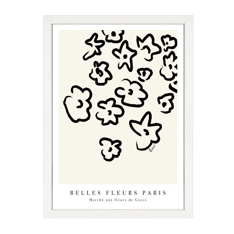 Fleurs Natural print, black line drawn flowers on cream, in a white frame on white