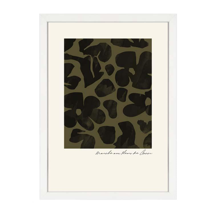 Flower Market Khaki print, dark flower shapes on khaki with a script caption, in a white frame on white