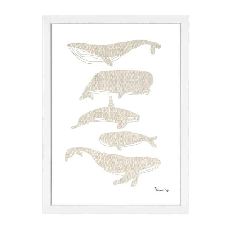 Whales print, beige whale silhouettes stacked on white, in a white frame on white