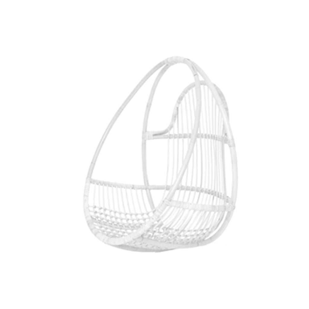 White rattan hanging chair, an egg shaped frame of woven cane on a suspension loop