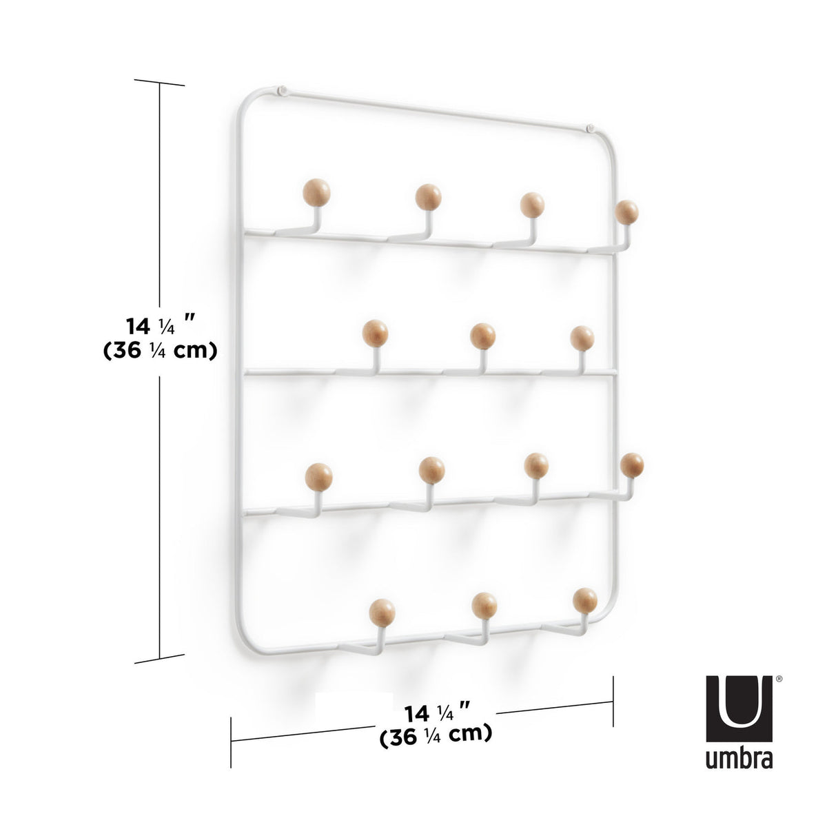 Umbra Estique over the door organiser dimension diagram, 36cm wide by 36cm high