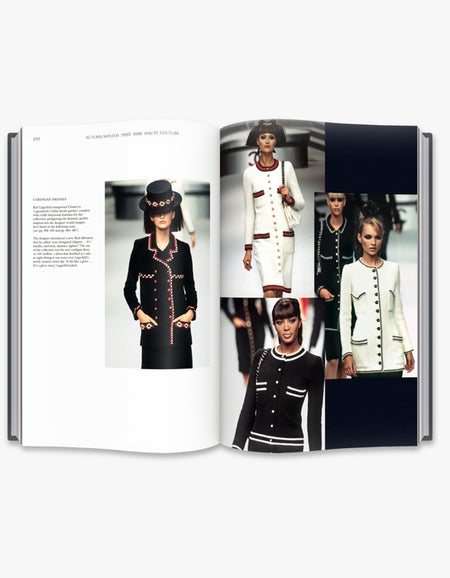 Open spread of Chanel Catwalk showing runway looks in black and white tailoring