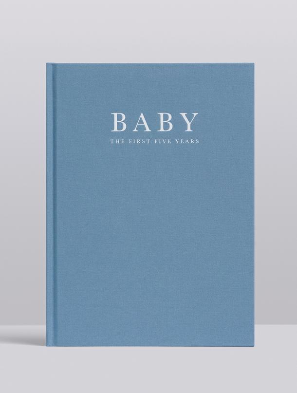 Write To Me Baby journal in blue linen, front cover