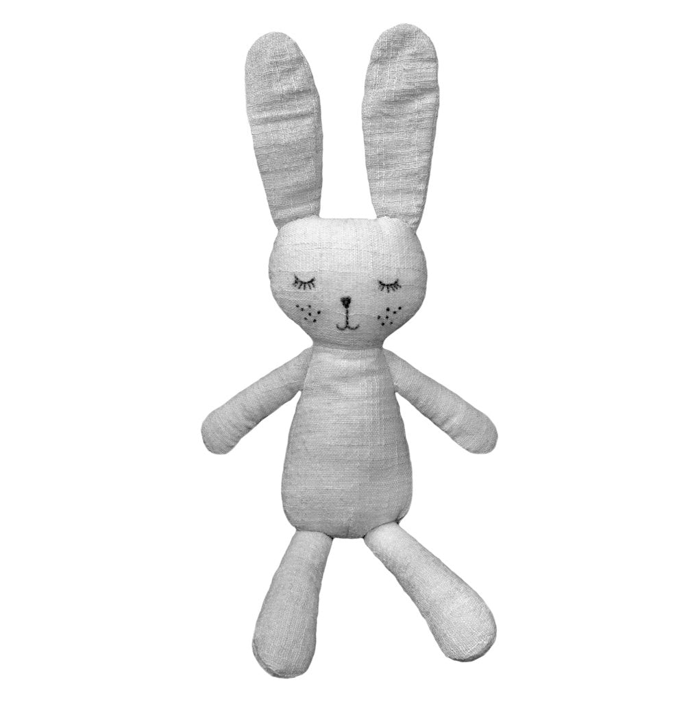 Grey the Bunny soft toy with long ears and a stitched sleeping face, on a plain background