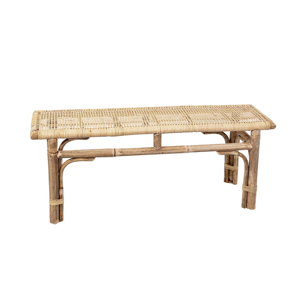 A Flux Home Rattan Bench with a woven top on a white background.