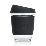A black Joco Cups glass cup with the word Joco | Takeaway Cup - 12oz on it.