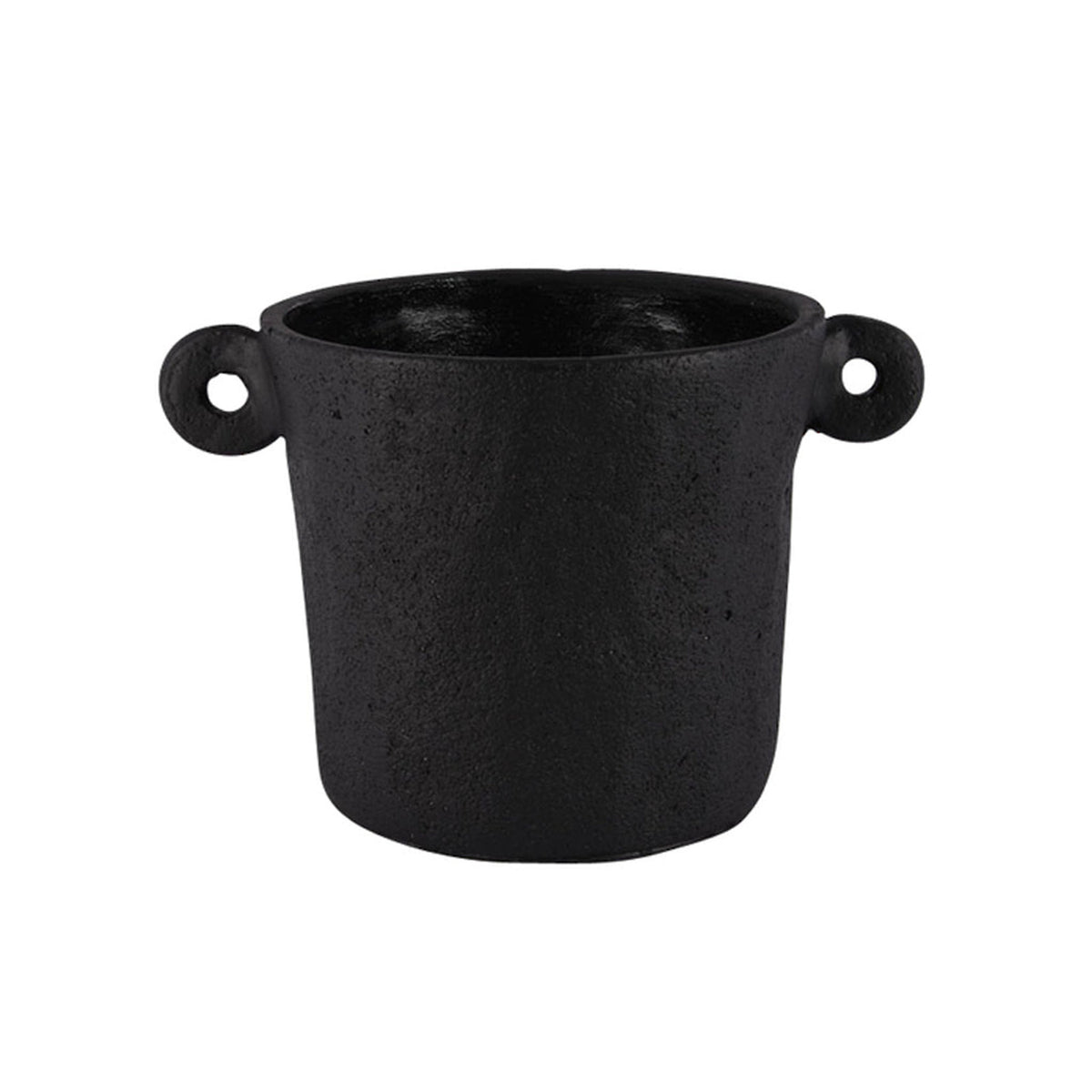 Side handle cement planter in black with two small ring handles, on white