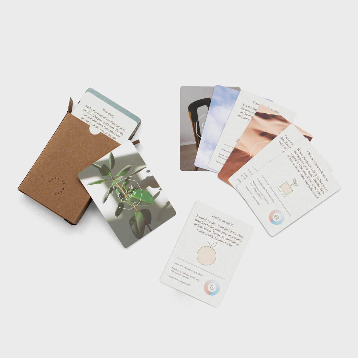 Calm Club Deck of Calm cards laid out on a white surface