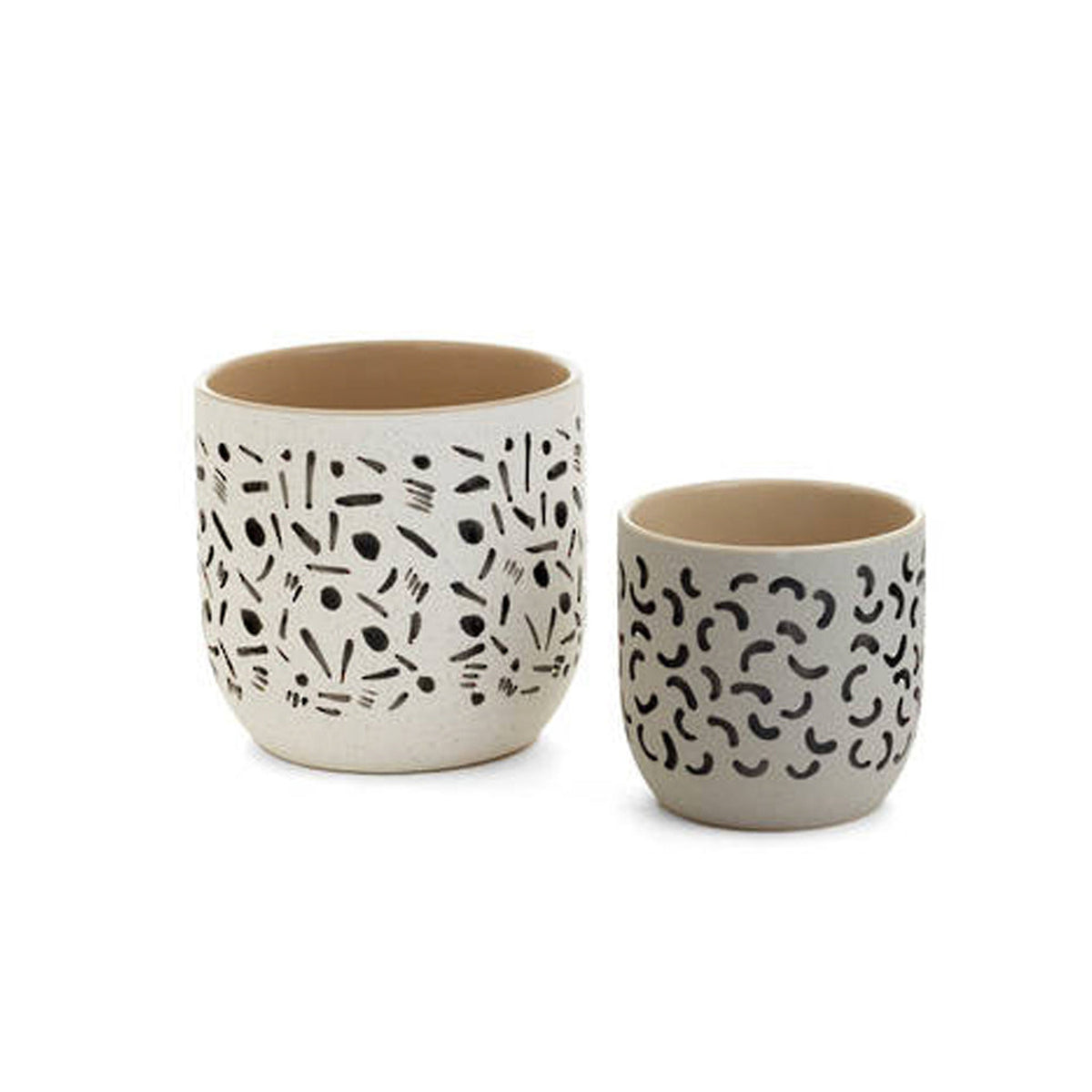 Copeland planters in two sizes, off white ceramic printed with small black graphic marks