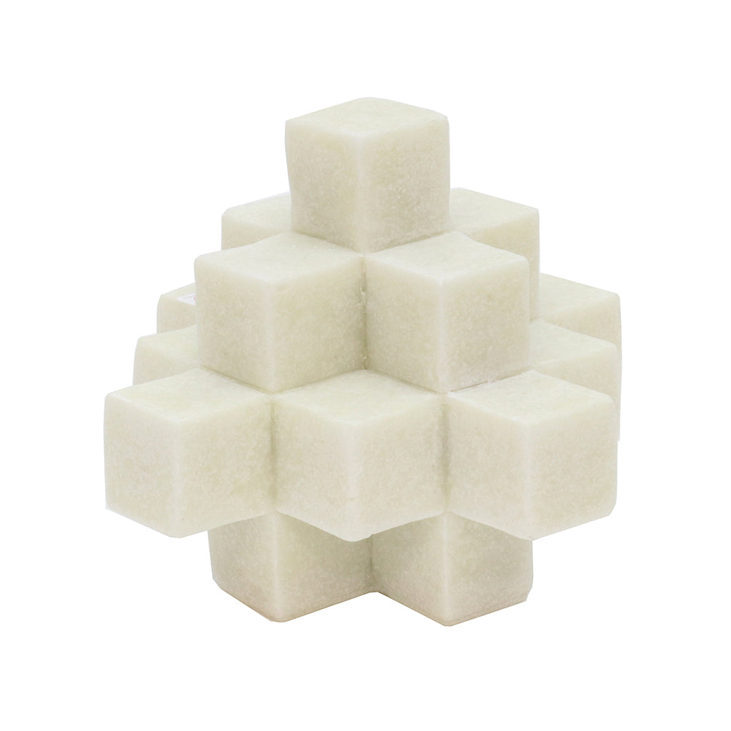 Cubism sculpture, a cluster of cream resin cubes, on a plain background