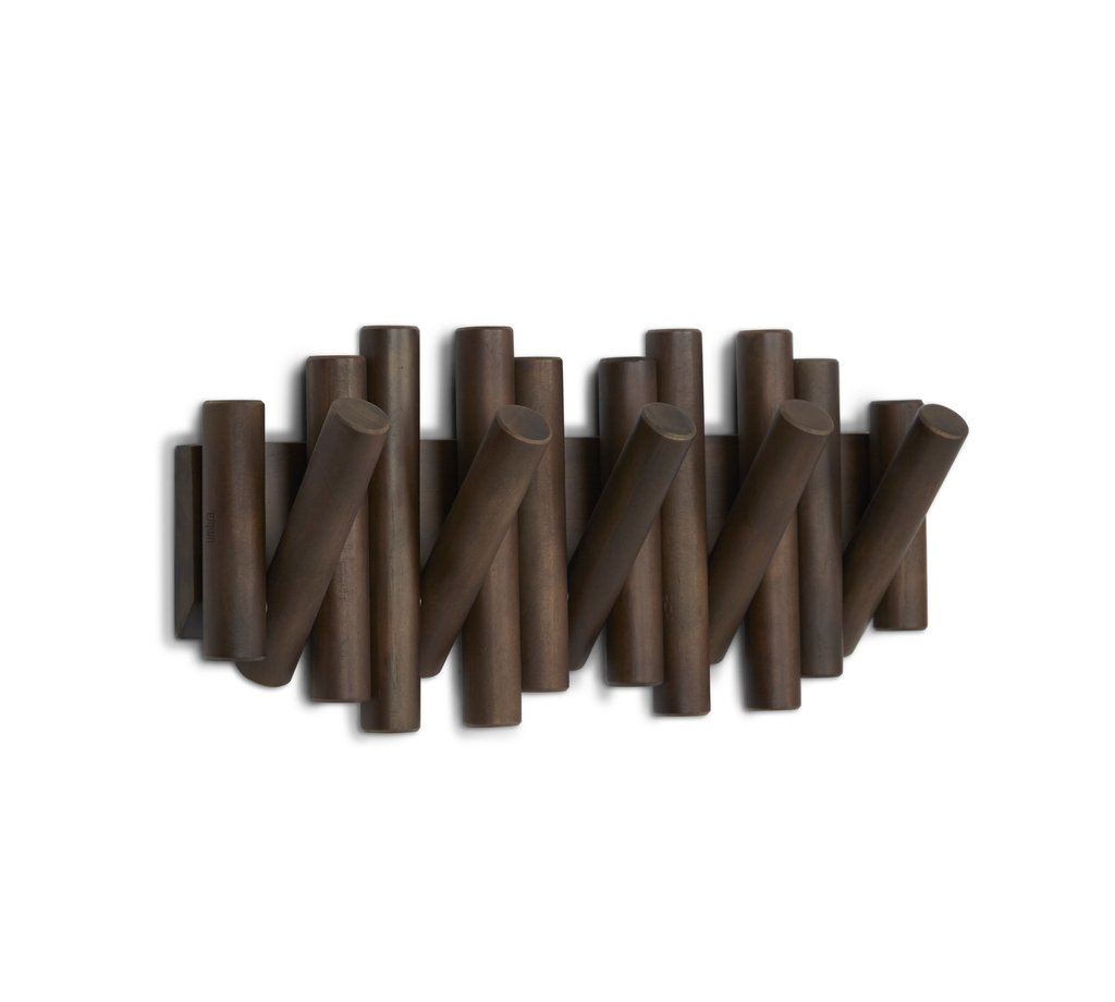 Umbra Picket rail wall hook in aged walnut with five flip-down hooks