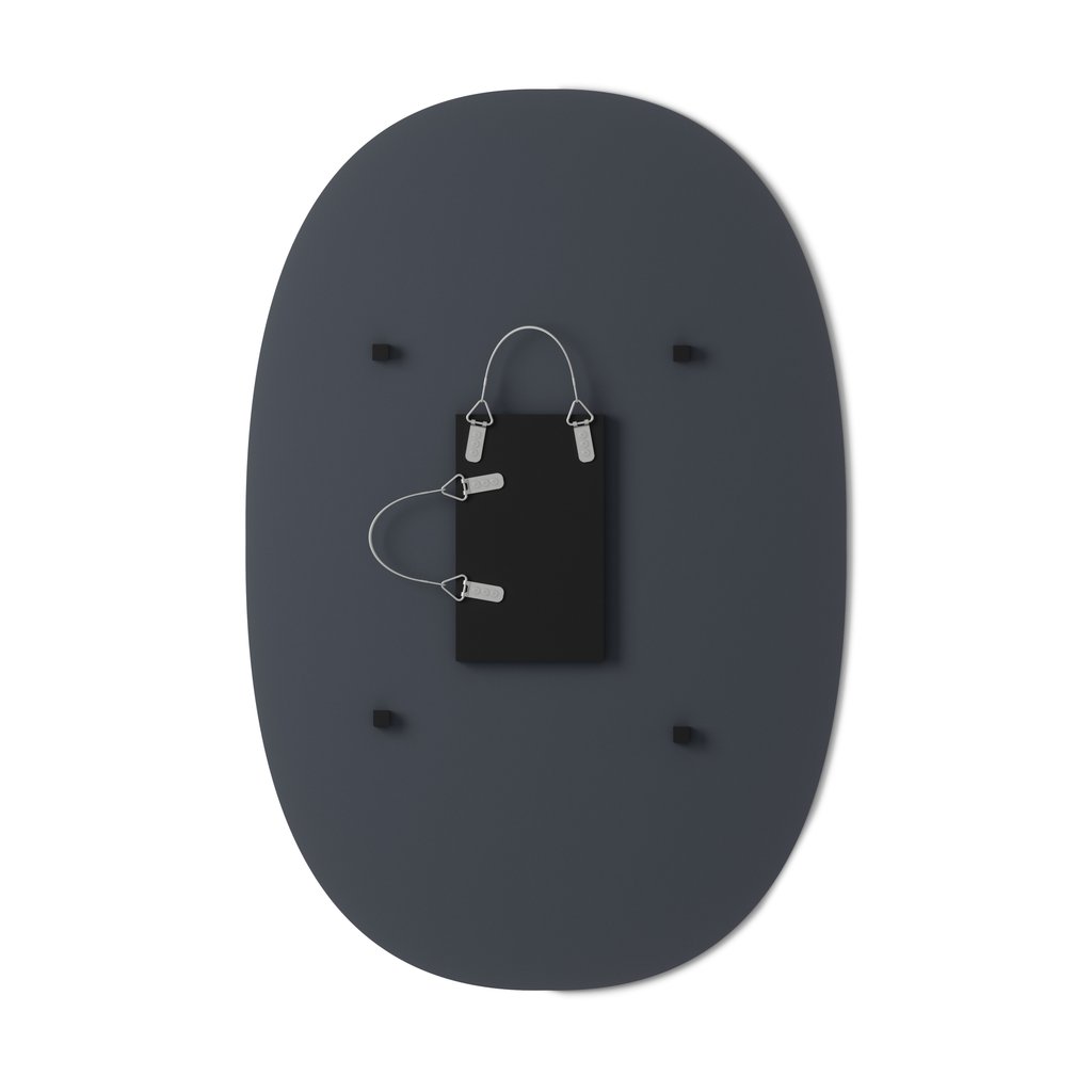 A black Hub Mirror - Bevy Oval 24X36 - Smoke with a black bag attached to it from the Umbra range.