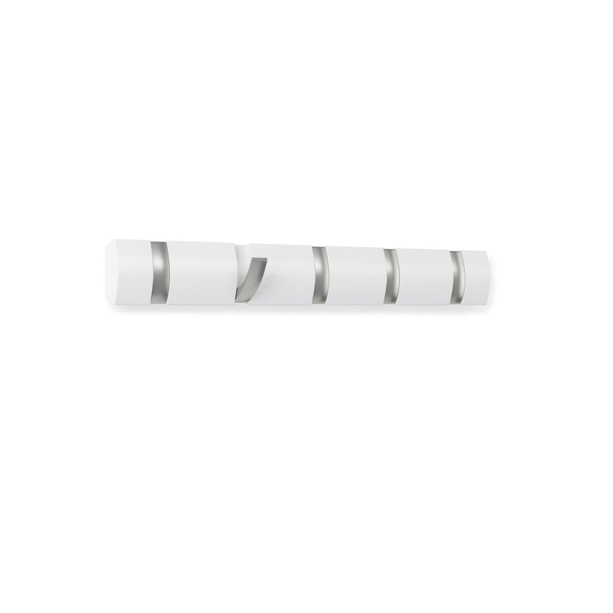 A Umbra Flip 5 Hook White wall-mounted coat rack with retractable hooks, offering space-saving functionality.