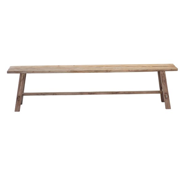 Teak long bench in natural recycled timber, a plank seat on splayed braced legs