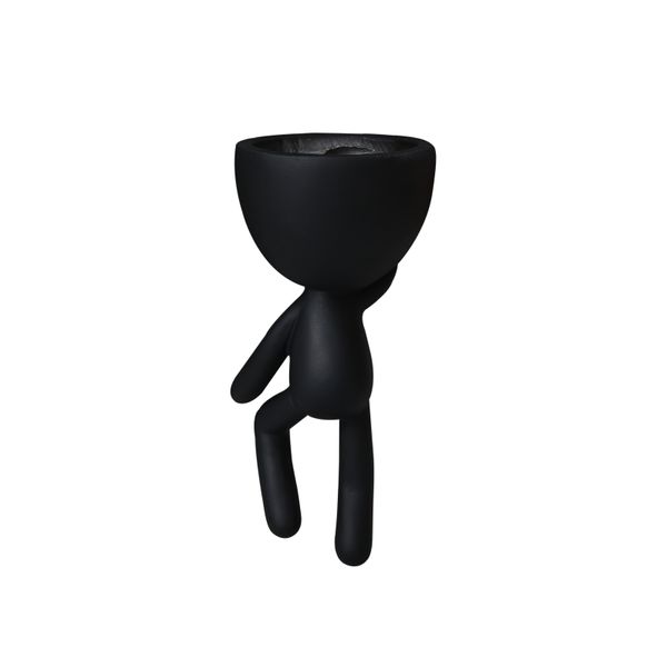 Black egg head planter shown against white, the rounded bowl head open for planting above a slim body