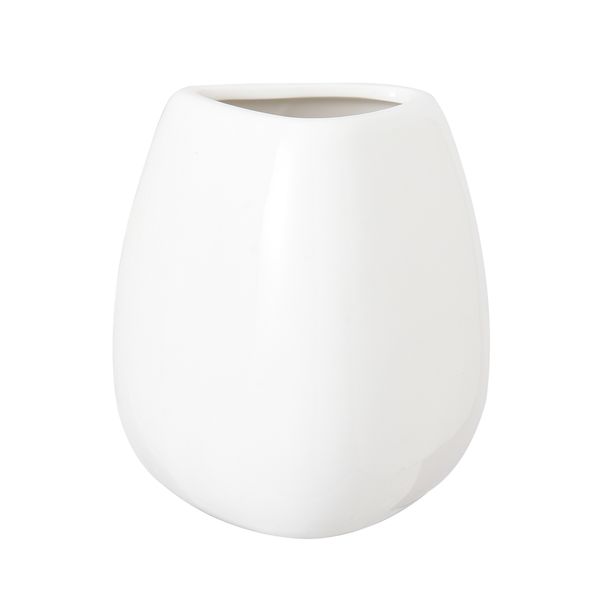 Wide rounded white Nordic ceramic vase with a sloping rim, photographed alone on white