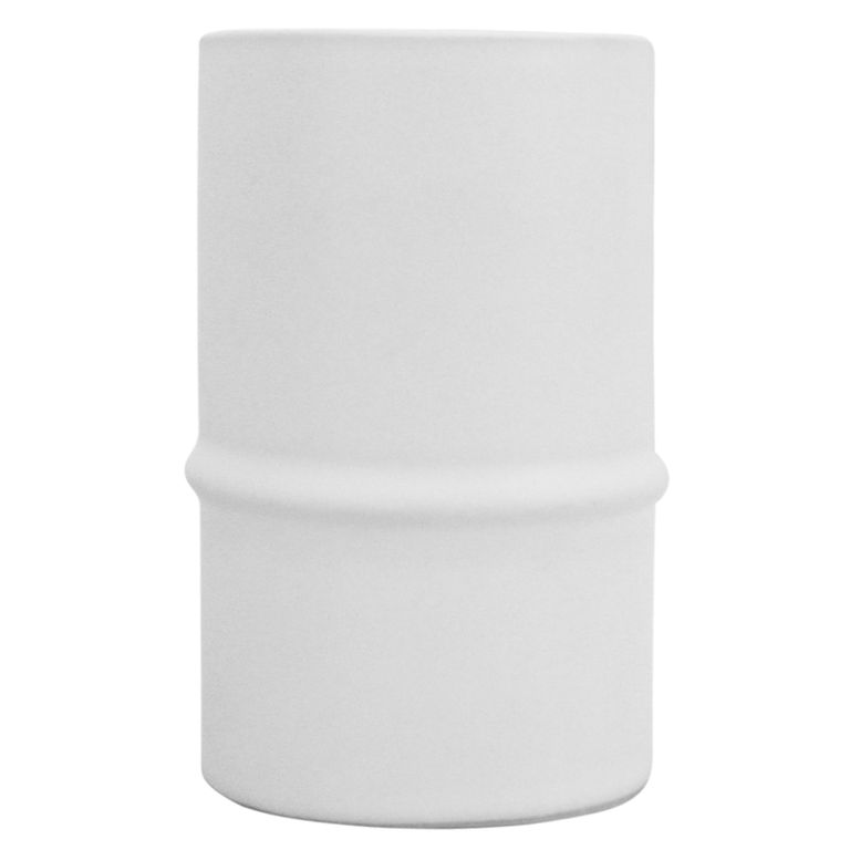 White ceramic bamboo vase in the short wide size filling the frame, showing the ribbed joint